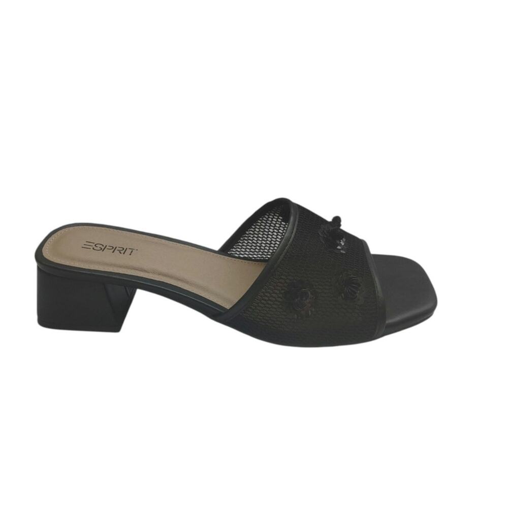 Esprit Black Mule Heels Textured Slide Sandals Rosette Detail Block Heel 11